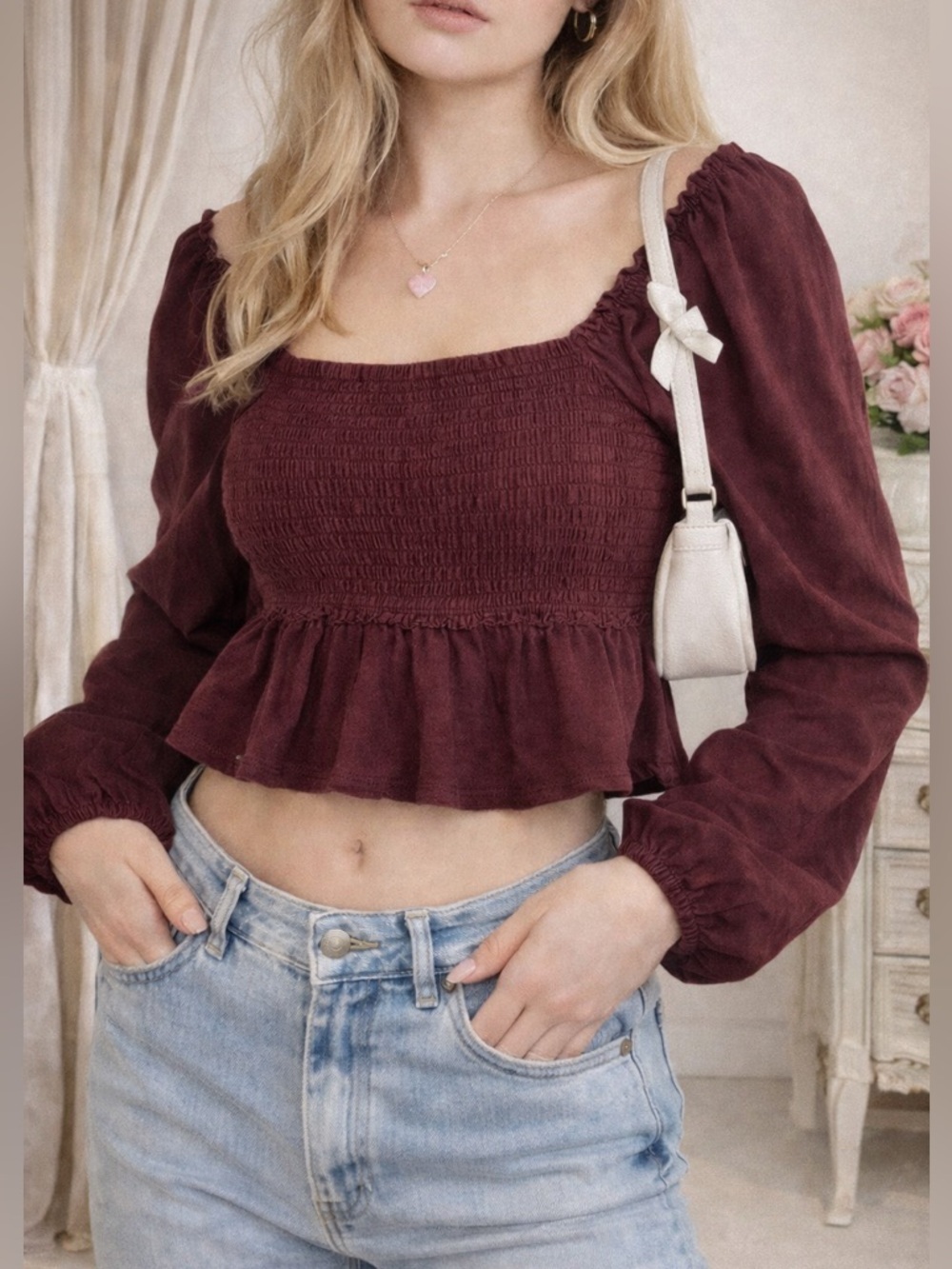 American Eagle Women’s Smocked Crop Top Sz S Y2K Coquette Peasant Blouse in Wine
